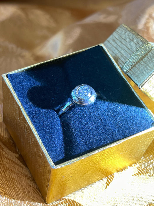 women's ring, circular, clear gem, birds nest, rounded, silver, boho, magical