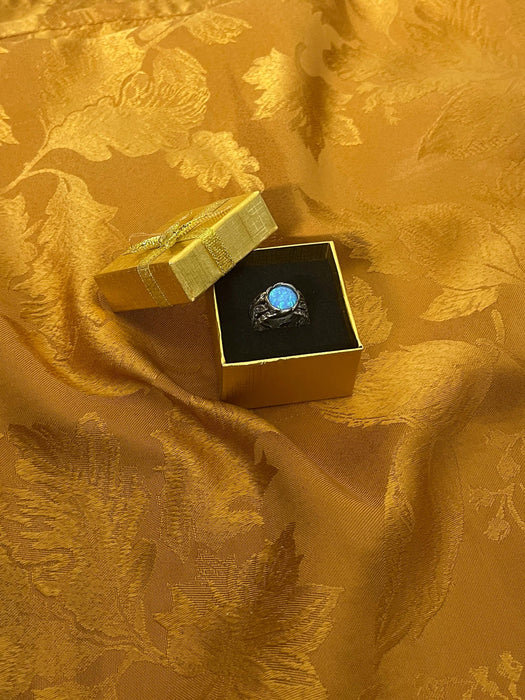 Women's ring, magical, fairytale, boho, light blue stone, leaves