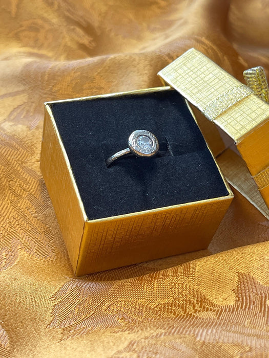 women's ring, round, clear gem, etched, boho, chic, magical, mystical, silver