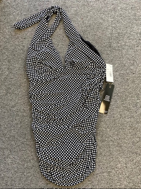 Magicsuit 6011180 Halter One-Piece Swimdress Sz 14 Black/white dots vintage