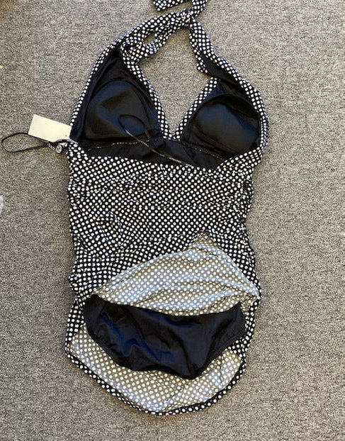Magicsuit 6011180 Halter One-Piece Swimdress Sz 14 Black/white dots vintage