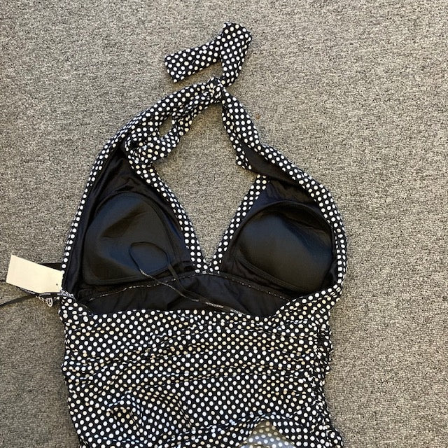 Magicsuit 6011180 Halter One-Piece Swimdress Sz 14 Black/white dots vintage