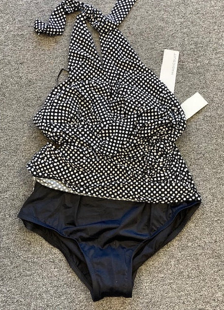 Magicsuit 6011180 Halter One-Piece Swimdress Sz 14 Black/white dots vintage