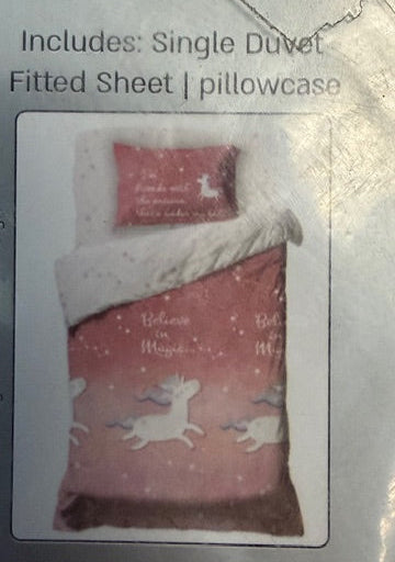 Set of fitted sheet, pillowcase and Duvet Cover pink unicorn Twin XL/Full NEW!