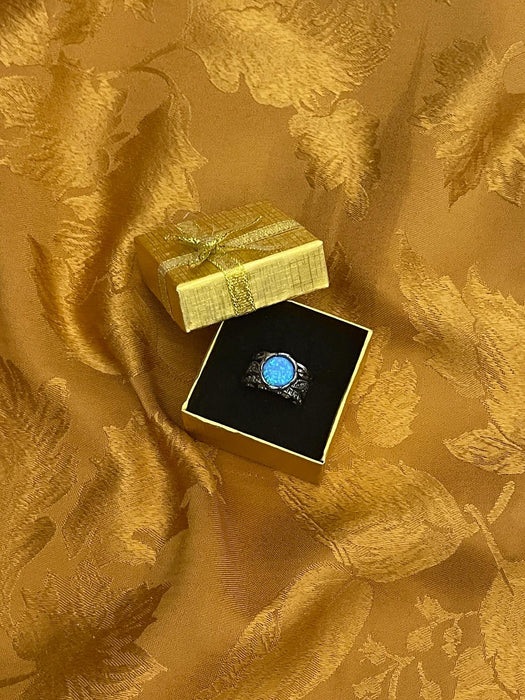 Women's ring, magical, fairytale, boho, light blue stone, leaves