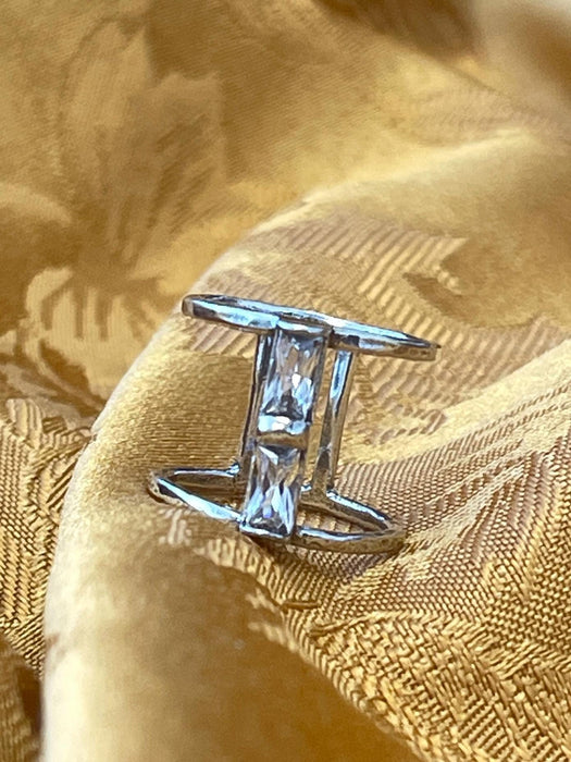 women's ring, plated silver, double banded, clear stones, magical, 925