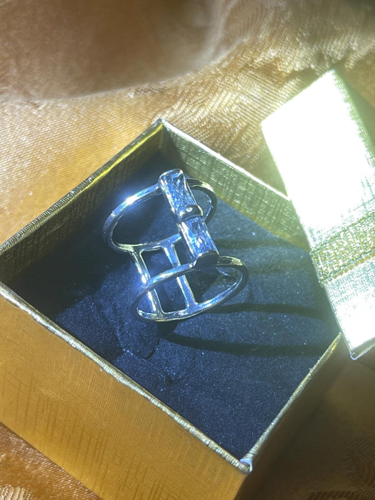 women's ring, plated silver, double banded, clear stones, magical, 925