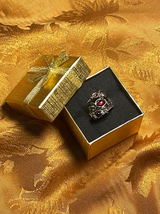 women's ring, mythical, magical, fantastical, flowers, red stones, silver