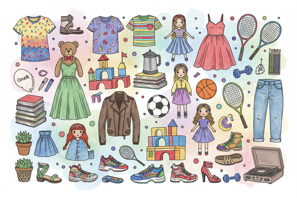 colorful drawing of clothes, shoes, toys, sports item and so on