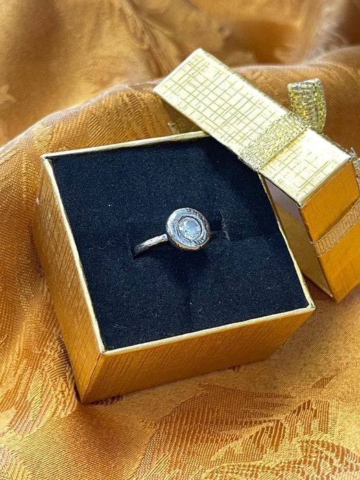 women's ring, round, clear gem, etched, boho, chic, magical, mystical, silver