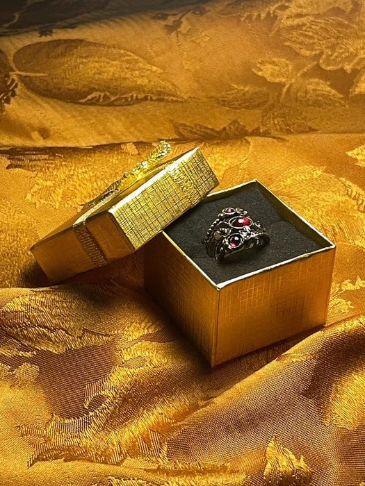 women's ring, mythical, magical, fantastical, flowers, red stones, silver