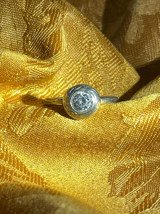 women's ring, circular, clear gem, birds nest, rounded, silver, boho, magical